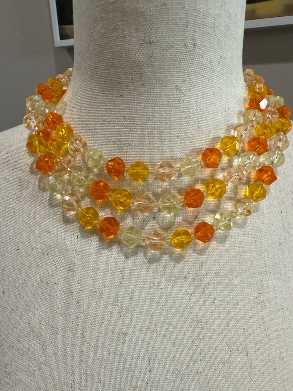 Vintage Multi-Strand Faceted Glass Bead Necklace in Yellow, Orange and Champagne